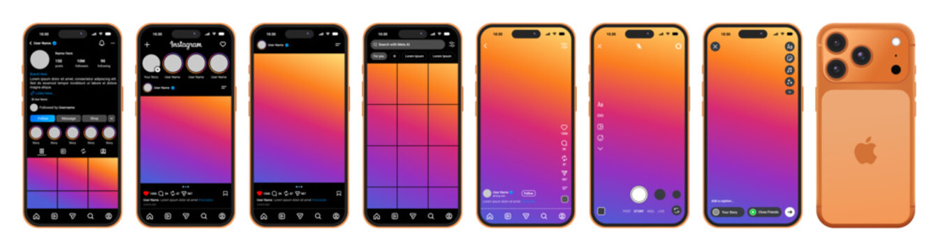 Instagram Dark Mode Social Media UI UX Template Kit for iPhone 17 Pro Smartphone, Mobile App Interface Image Placeholder, Feed, Story, Reel, Post Screen, Mockup Vector Transparent Content Section