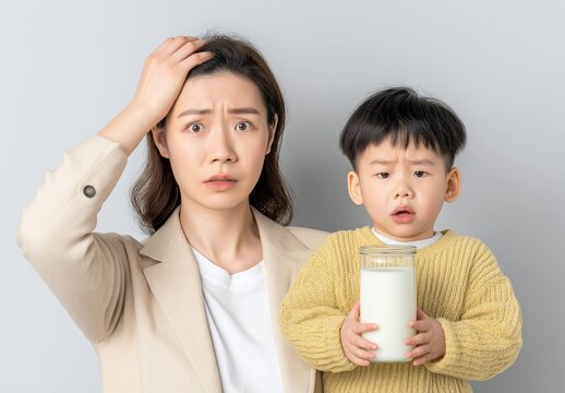 Young Asian mom looks worried while her son stands beside her holding a jar of milk in a simple setting