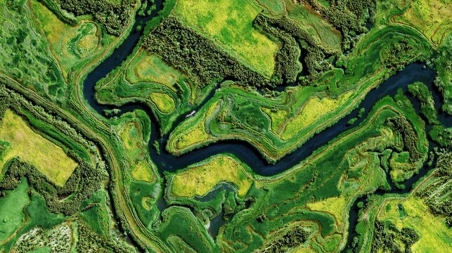 Aerial view of winding river through green forest landscape