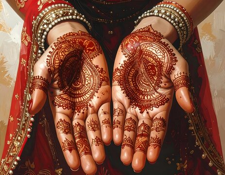 Close-up of adorned hands, displaying intricate henna designs. The skin tone is warm, bracelets glint. Red fabric