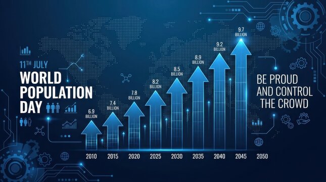World population day concept with digital growth chart showing global population increase from 2010 to 2050