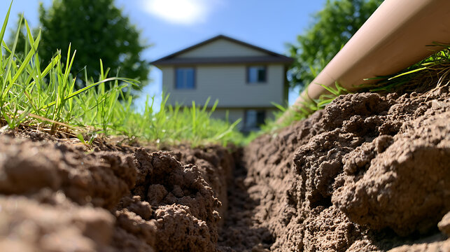 Ground-level view of a dug trench next to lush green lawn with a blurred residential house and clear blue sky in the background