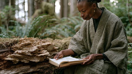 Fototapeta premium Wild mushroom foraging in a temperate rainforest shows a young Nigerian botanist kneeling beside a cluster of oyster mushrooms on a fallen log, field identification guide open in