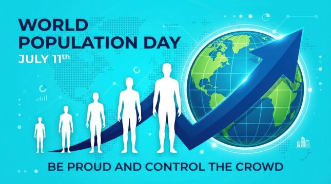 World population day concept illustration with growing human figures and upward arrow graph on a blue background