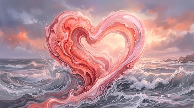 Heart shaped wave with swirling fluid art and dramatic sky