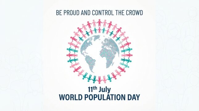 World population day poster design with a globe made of binary code surrounded by a circle of people holding hands, isolated on white background