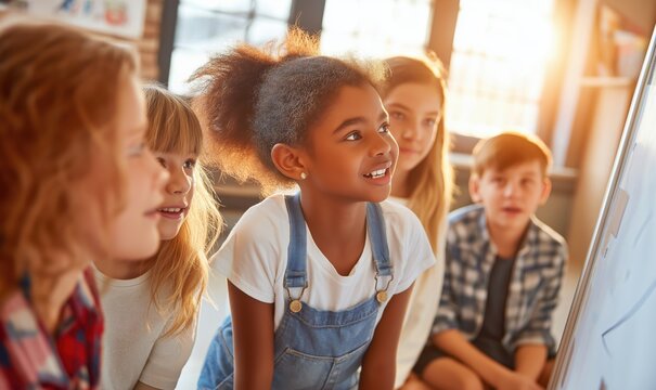 Teacher engages with a group of children in a classroom setting. Students are focused and interested while learning