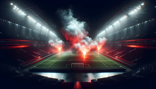 Dramatic stadium lights with intense red and white flare smoke