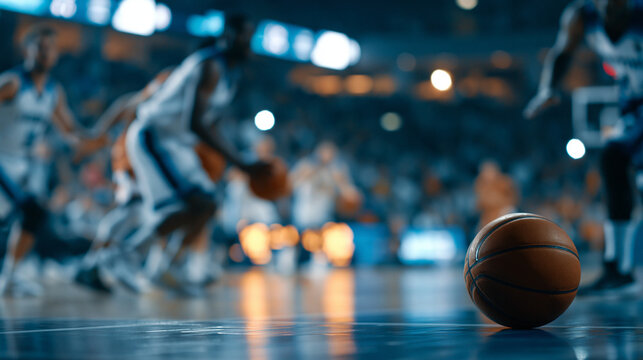 Long TV broadcast playback style footage of two international teams playing basketball at a professional arena, both teams dribbling passing and scoring goals during an intense