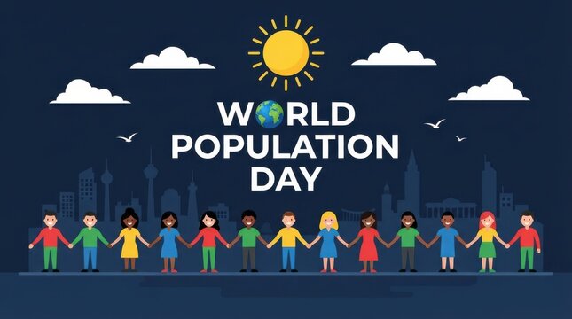 World population day illustration with diverse people holding hands in front of a city skyline