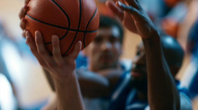 Faceless basketball match cinematic top-down view slow motion footage of two multiethnic opposing team players fighting for possession of the ball, jumping high to reach the ball