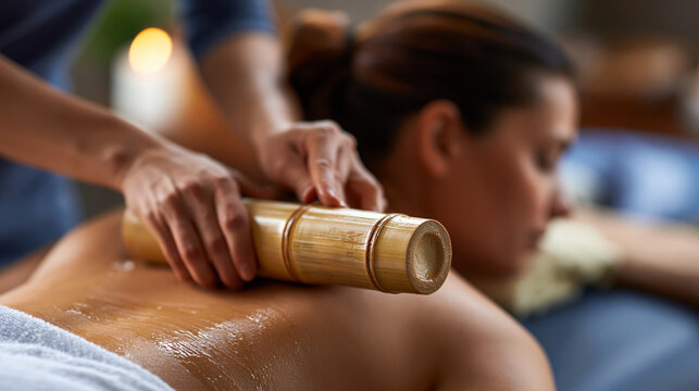 Faceless therapist performing a bamboo massage by rolling the bamboo tool on a lying woman's bare back with oily hands, close-up of the technique, defocused massage table in