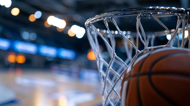 Top-down shot of an empty basketball hoop at a professional sports court in an international arena, empty playing field awaiting the beginning of a tournament and players to come