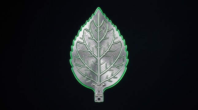 A detailed, silver-colored metal leaf-shaped object with a green outline and intricate veins on a black background, featuring a small stem with a square base.