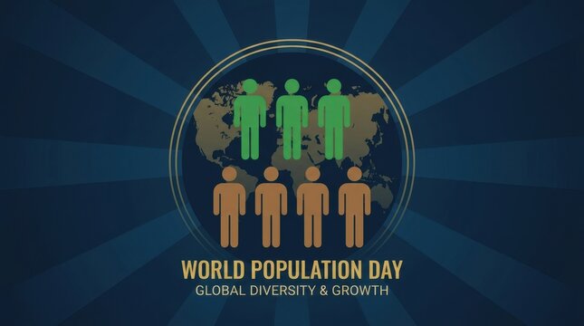 World population day graphic banner with world map and human icons, symbolizing global diversity, demographics, and population growth