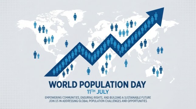 World population day illustration with rising arrow graph and human silhouettes on world map background