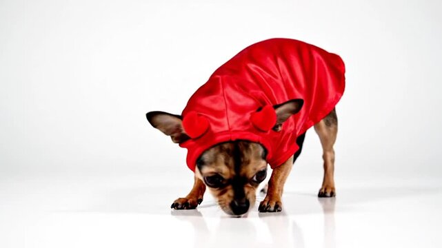 Cute Chihuahua Dog in Devil Costume with Red Hood and Horns Posing Against a White Background for Halloween