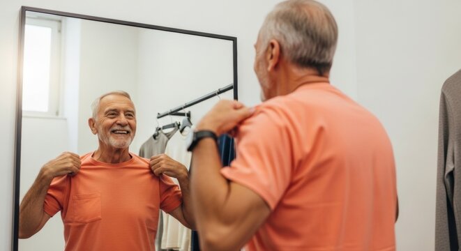 Smiling senior man joyfully tries on an orange t-shirt in a clothing store fitting room, reflecting his positive shopping experience