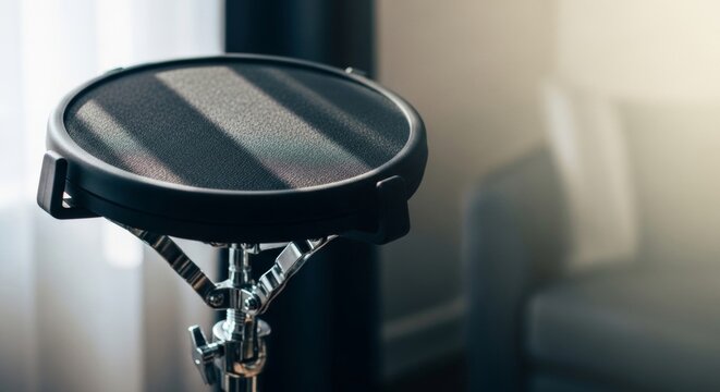 Close-up of a black drum practice pad on a silver stand, illuminated by natural window light, symbolizing musician focus and dedication.