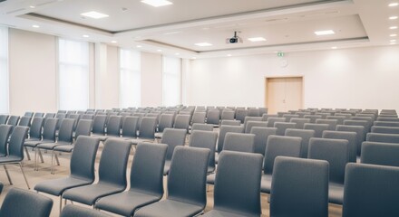 Fototapeta premium Modern Conference Hall Auditorium with Empty Rows of Chairs, Ready for Corporate Seminars and Events