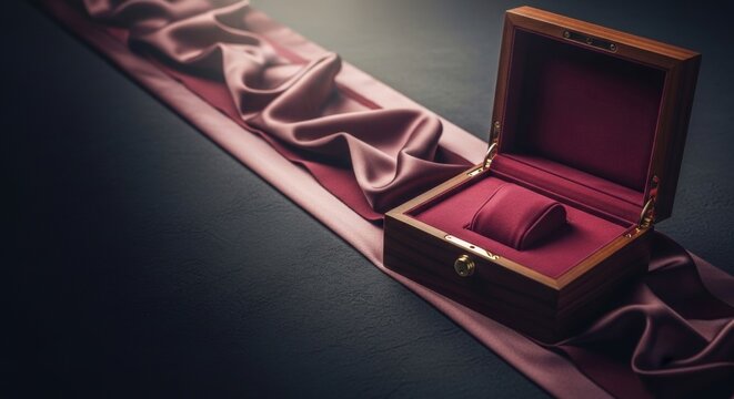 Luxury open wooden watch box with red velvet lining and flowing satin on dark surface, cinematic lighting