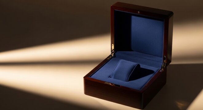 Luxury dark wood watch box with blue velvet lining and pillow, showcasing elegance and premium gift packaging