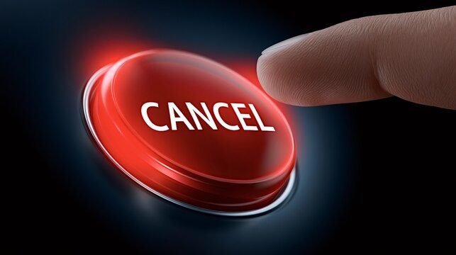 Human finger pressing a glowing red cancel button, illustrating concepts of cancellation, rejection, censorship, boycott, and ending an action or process