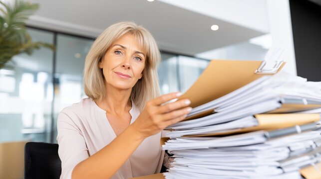 A middle aged woman examines paperwork while seated at an office desk. She has light hair and a relaxed expression as she focuses on her task