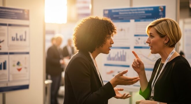 Two women in intense academic discussion at a scientific conference, gesturing emphatically with research posters in background