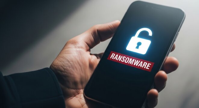 Hand holding smartphone displaying ransomware alert with unlocked padlock icon, symbolizing digital extortion and data security threats