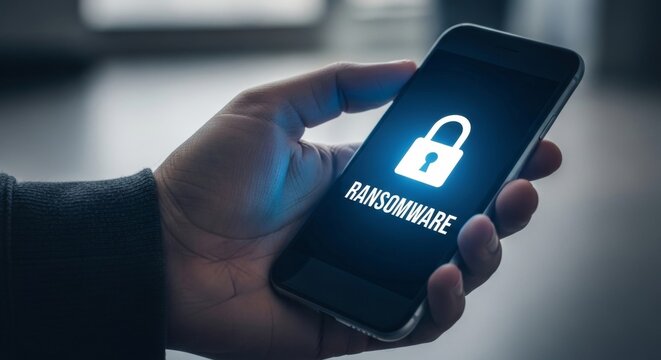 Smartphone displays ransomware alert with padlock icon, symbolizing mobile data theft and digital extortion threat