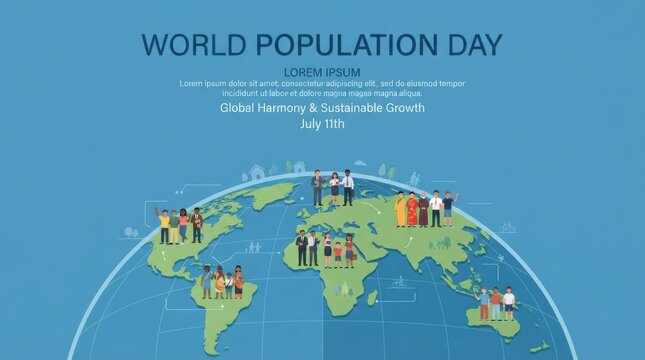 World population day poster with diverse people standing on a stylized globe map representing global harmony and sustainable growth