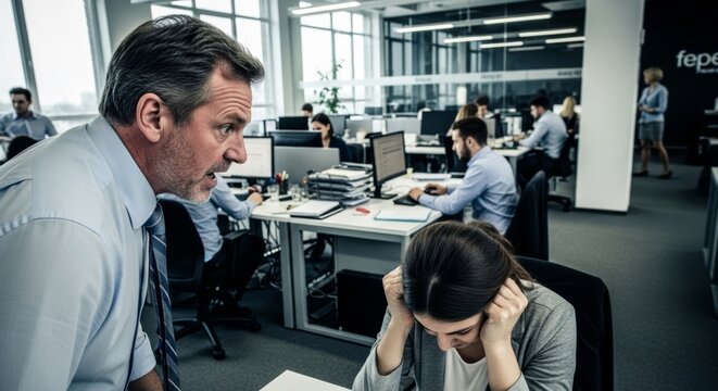 Furious boss yelling at distressed employee in modern office, illustrating toxic workplace conflict