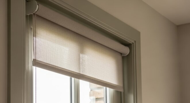 Modern fabric roller blind window shade providing privacy and light control in a sophisticated interior space