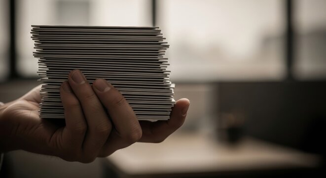 Hand holding stack of credit cards, symbolizing financial burden and debt in a modern office setting with copy space
