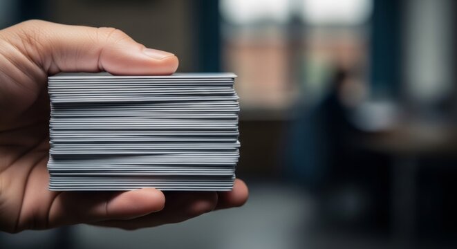 Hand holding stack of unbranded credit cards in dim office, symbolizing financial burden and debt