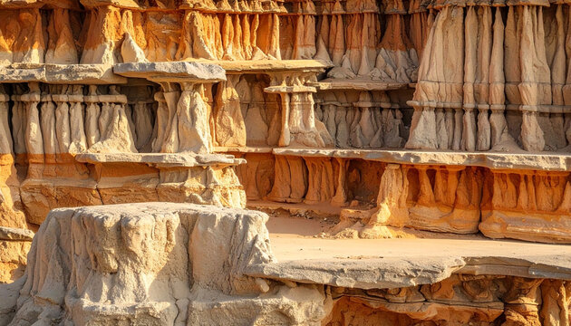 Stunning close-up view of intricate sedimentary rock formations showcasing detailed sandstone layers, natural erosion patterns, and golden sunlight textures in a rugged, arid desert landscape scene.