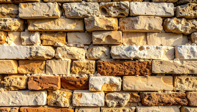 A detailed close-up shot showcasing the rugged texture of an ancient limestone brick wall, featuring weathered yellow, beige, and brown stones illuminated by soft morning sunlight.