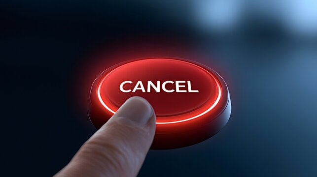 Finger pushing button with cancel text, illustrating themes of stopping, aborting, rejecting, and decision making on an illuminated dark background