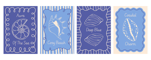 Summer marine greeting card set with nautilus shell, conch, clam, cowrie, curly frame, stripes, hand drawn vector, blue mediterranean line art, retro flat style for vacation print, seashell poster © Coxic25