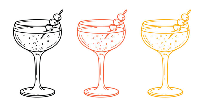 Set of three handdrawn cocktail glasses with olives on a toothpick