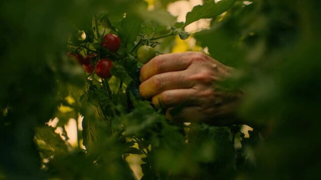 Hand picks small ripe cherry tomato from vine among green leaves in warm natural light. Close garden view highlights fresh harvest, organic produce, and careful homegrown cultivation.