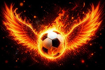Naklejka premium Soccer ball with radiant flaming wings over dark background