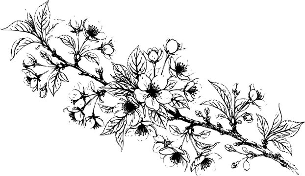 Hand drawn blooming cherry blossom branch