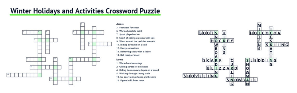 Winter Holidays and Activities Crossword Puzzle in Minimalist Style on White Background for Educational Use with Copy Space