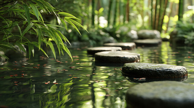 Serene stepping stones path over calm water surrounded by lush greenery