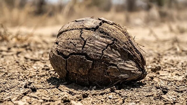 Close-up sequence of a cracked dry seed or nut on rugged earth surface in natural light