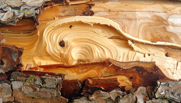 Close-up of peeled wood showing intricate swirls and textures, revealing the inner layers and natural patterns