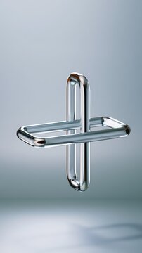 Impossible object creating a visual paradox with chrome metallic tubes, forming an abstract 3d geometric shape and optical illusion on a light background