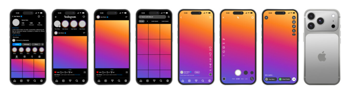 Instagram Dark Mode Social Media UI UX Template Kit for iPhone 17 Pro Smartphone, Mobile App Interface Image Placeholder, Feed, Story, Reel, Post Screen, Mockup Vector Transparent Content Section